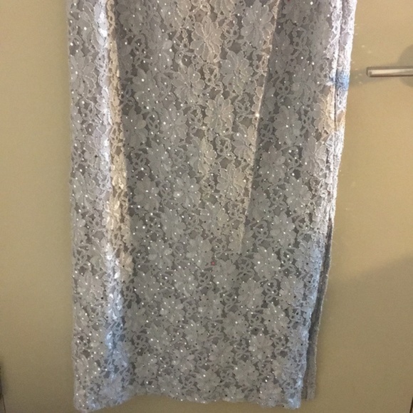 NWT Connected Apparel gown dress Sequined Lace Slit Gown Silver grey 10 12 14 - Picture 6 of 7